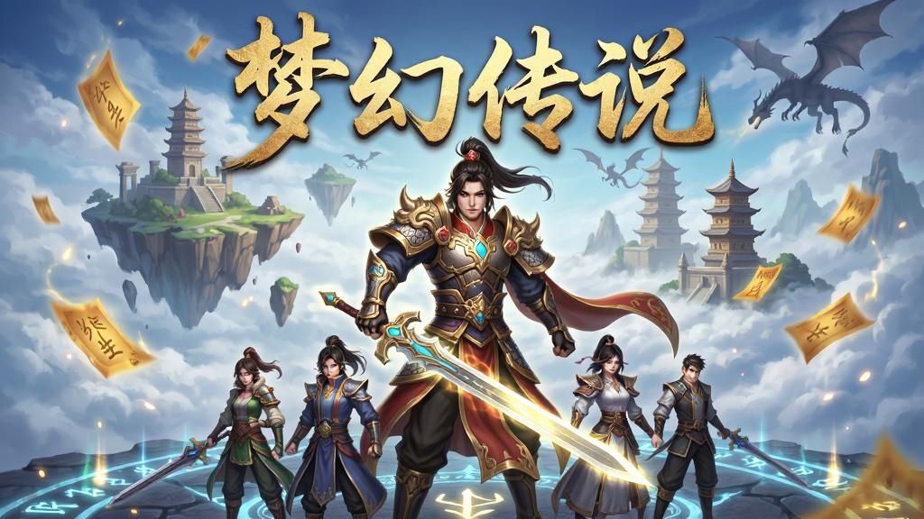 梦幻传说 单机角色扮演手游 主视觉图 画面中央一位身穿东方玄幻铠甲的主角手持发光长剑 背后是漂浮在云海中的仙岛与古老塔楼 画面下方有几位不同职业的伙伴角色并肩站立 整体布局为横向宽幅海报 排版上软件名称“梦幻传说”以金色毛笔字体置于画面上方 风格为东方奇幻CG插画 细节包括飘落的灵符、发光的符文地面、远处的飞龙剪影 画质高清 干净 无多余元素