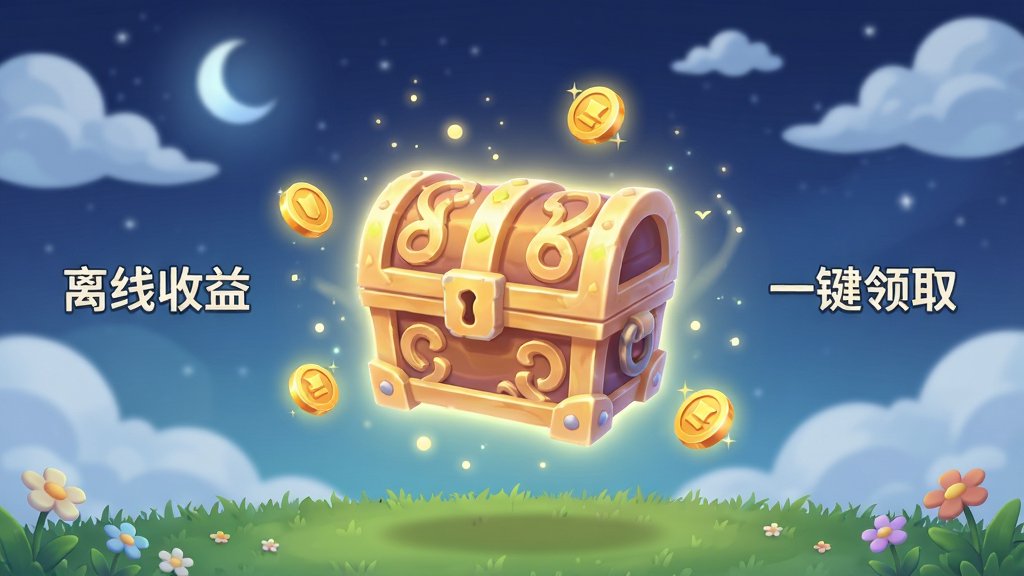 梦幻传说 离线收益界面 画面中央悬浮一个发光的宝箱 宝箱周围环绕金币与经验光球 背景为柔和的夜空与漂浮的云朵 布局上宝箱居中 左右两侧分别显示“离线收益”与“一键领取”字样 风格为清新卡通渲染 细节包括宝箱上的精致纹路、飘动的光点、底部草地与小花 画质高清 干净 无多余元素