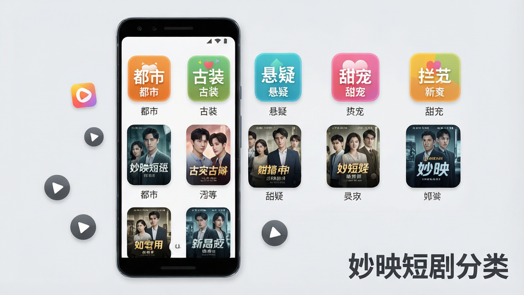 一张妙映短剧分类页面的手机截图风格预览图,画面中一部安卓手机竖屏展示,屏幕上排列着多个短剧分类入口,包括