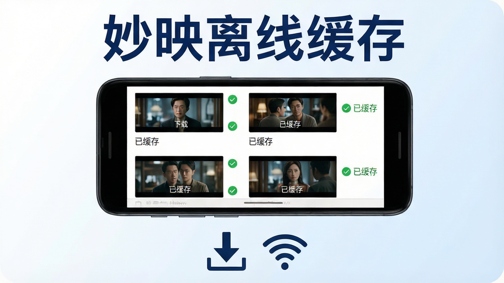 一张妙映离线缓存功能的示意预览图,画面中央是一部安卓手机,手机屏幕上显示缓存管理界面,列表中有多个已下载完成的短剧剧集缩略图,每个条目右侧有