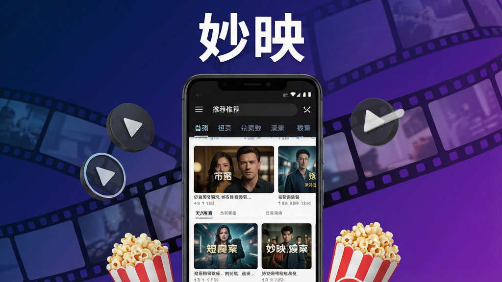 一张展示妙映软件主界面的手机预览图,画面中央是一部竖屏安卓手机,手机屏幕上显示妙映APP的首页推荐流,包含多张短剧封面卡片和分类标签栏,手机周围环绕着电影胶片、播放按钮、爆米花等影视元素,背景为深蓝到紫色的渐变色调,整体风格现代简洁,细节清晰,画质干净,无多余元素,图片上方用白色粗体字写着