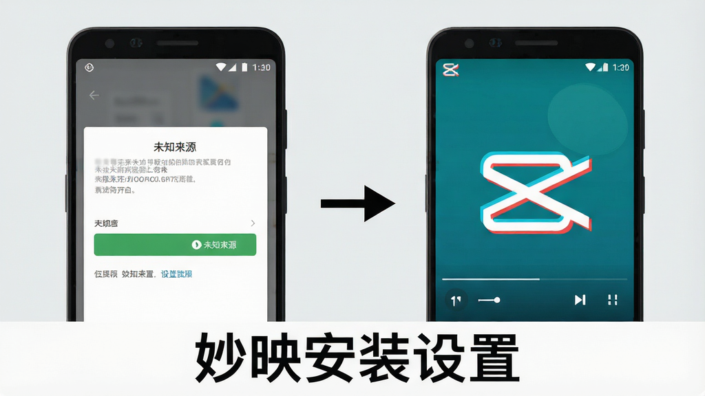 一张展示妙映在安卓手机上安装与权限设置流程的示意图,画面分为左右两部分,左侧是一部手机显示