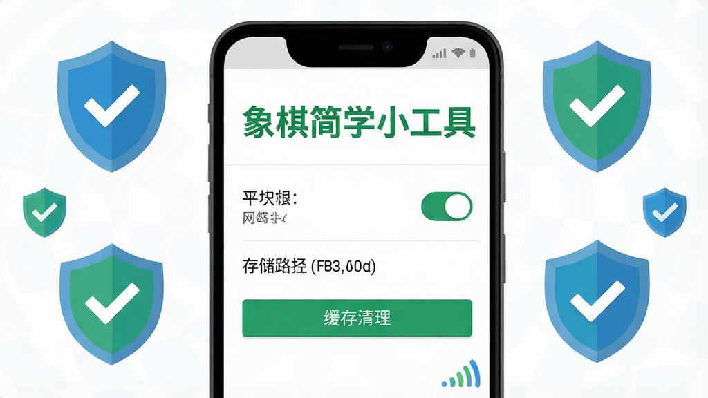 主体为一部安卓手机屏幕特写,显示象棋简学小工具的安装权限设置界面,布局采用手机居中、周围环绕盾牌与对勾图标,排版上软件名称“象棋简学小工具”以绿色安全字体出现在画面顶部,风格为简洁扁平的科技安全插画,细节包括权限开关、存储路径、缓存清理按钮和网络信号图标,画质为高清、干净无多余元素