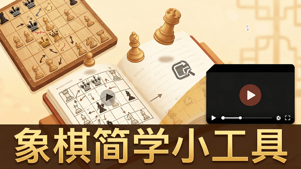 主体为一本翻开的电子书与悬浮的象棋棋子,布局采用左上角棋盘、右下角视频播放窗口的斜角构图,排版上软件名称“象棋简学小工具”以金色字体出现在画面底部,风格为温暖清新的学习场景插画,细节包括书页上的棋谱、箭头标注、播放按钮和缓存图标,画质为超清、干净无多余元素
