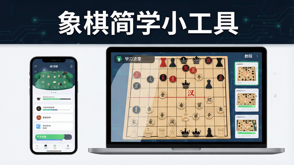 主体为一部智能手机和一台笔记本电脑并排显示象棋棋盘界面,布局采用居中对称构图,排版上软件名称“象棋简学小工具”以白色粗体字置于画面顶部中央,风格为现代科技感与传统文化融合的扁平插画风,细节包括棋盘上的楚河汉界、红黑棋子、学习进度条和教程缩略图,画质为高清4K、干净无多余元素