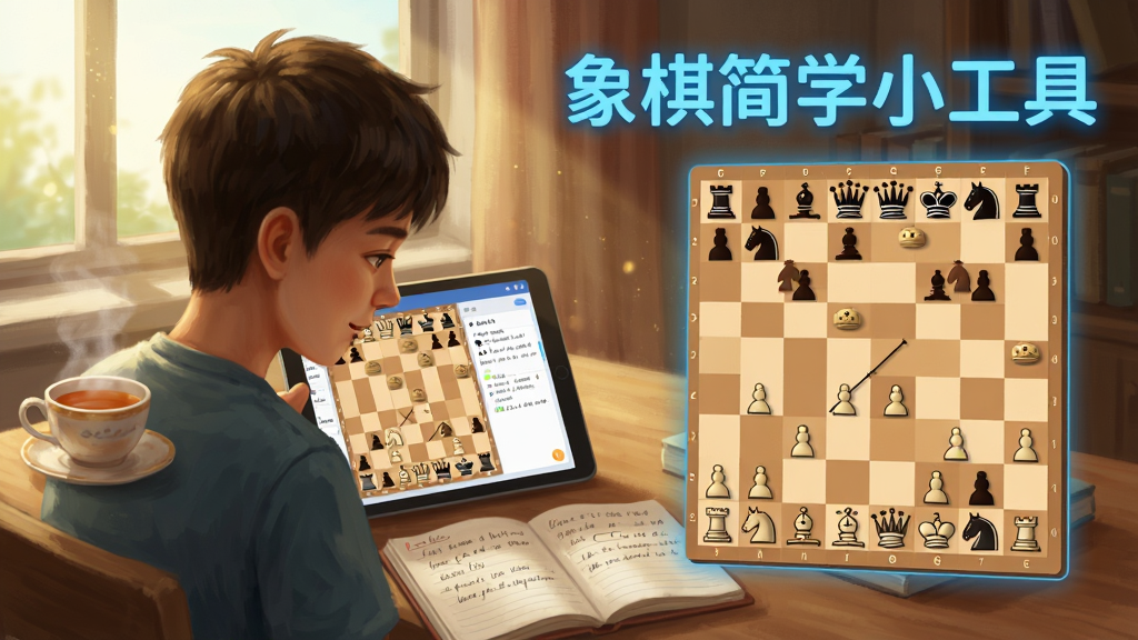 主体为一位坐在书桌前使用平板电脑学习象棋的少年,布局采用人物居左、棋盘居右的黄金分割构图,排版上软件名称“象棋简学小工具”以蓝色发光字体展示在屏幕上方,风格为温馨写实的数字绘画风,细节包括屏幕上的残局棋盘、笔记本书写、窗外的阳光和桌上的茶杯,画质为高清、干净无多余元素