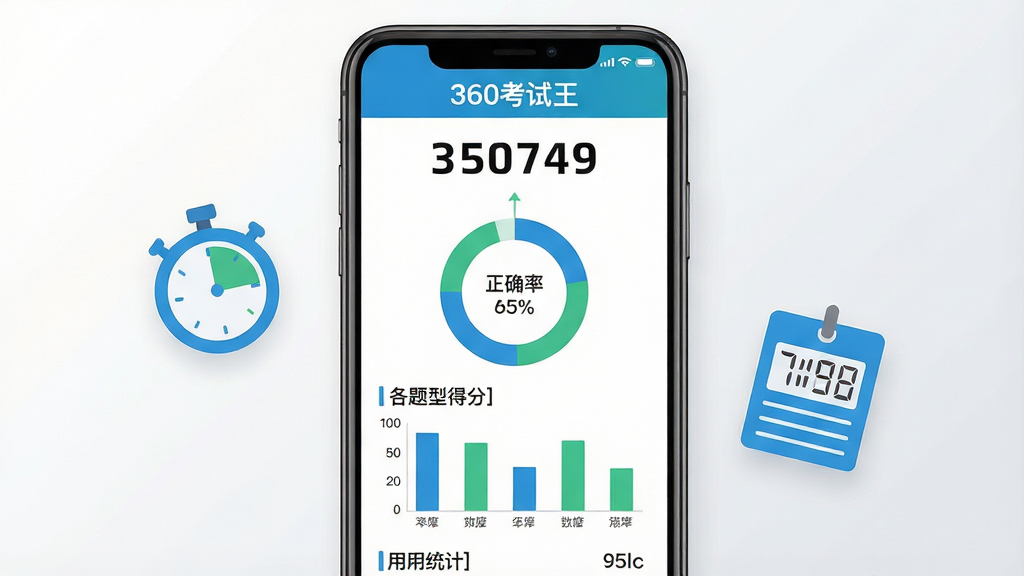 一张模拟考试成绩报告页面的示意图,画面中央是一部智能手机,屏幕上显示