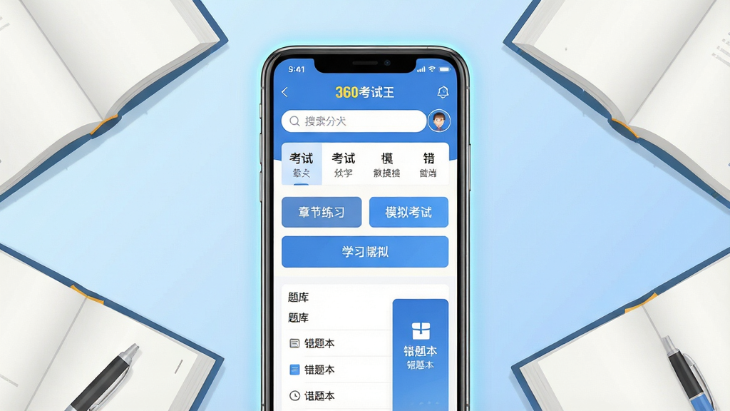 一张手机屏幕展示学习刷题应用的界面截图,画面中央放置一部竖屏智能手机,手机屏幕上显示