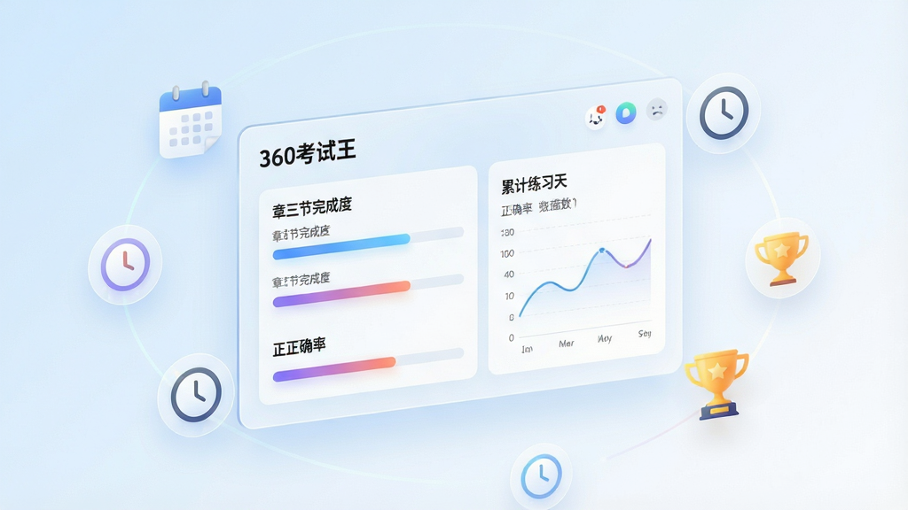 一张学习进度追踪功能的概念图,画面中央是一块悬浮的透明屏幕,屏幕上显示