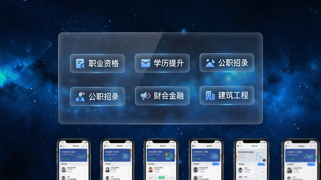 一张展示题库分类界面的概念图,画面主体是一个悬浮在空中的半透明数据面板,面板上排列着