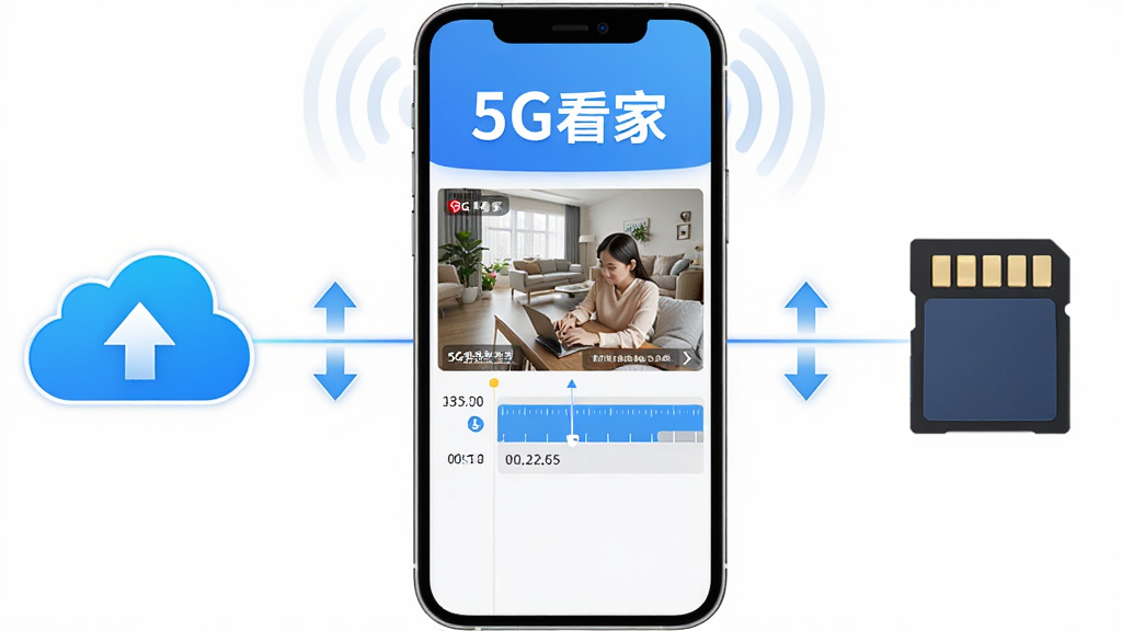 5G看家云端与本地双存储示意图,画面中央是一部手机,左侧连接一朵云图标,右侧连接一张存储卡图标,手机屏幕显示录像回放时间轴,上方有