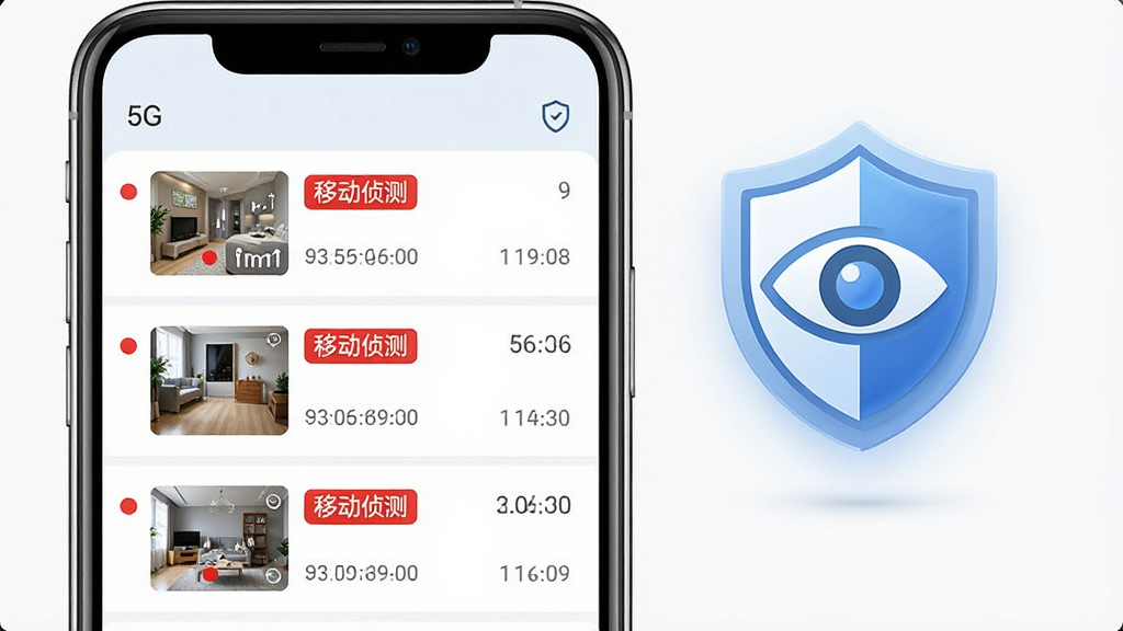 5G看家智能移动侦测告警界面,画面中一部手机竖屏显示,屏幕内是一条条告警消息列表,每条消息带缩略图和