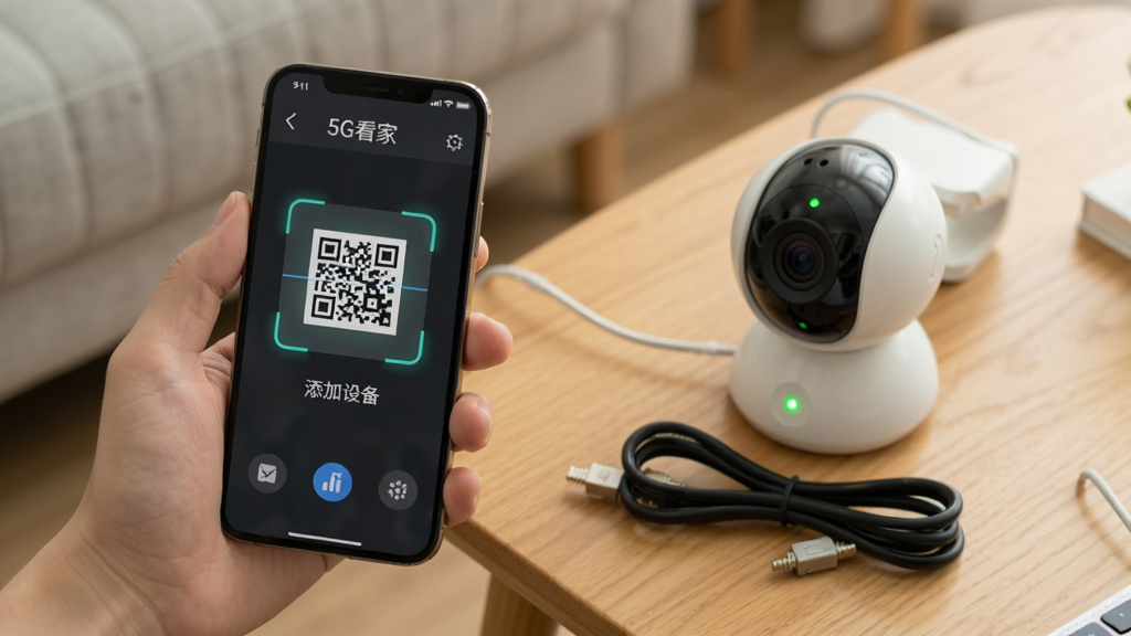 5G看家新手操作指引场景图,画面中一只手拿着手机,屏幕显示5G看家添加设备界面,旁边桌子上放着一台摄像头和电源线,布局采用斜角构图,风格生活化教学感,细节包括手机屏幕上的二维码扫描框、摄像头指示灯,画质高清干净无多余元素