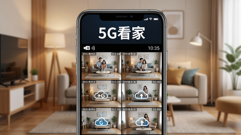 5G看家软件整体界面展示,画面中央是一部智能手机,屏幕内呈现多路摄像头监控画面,上方有
