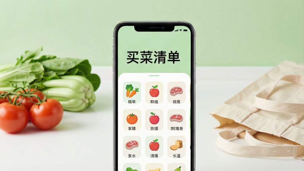 一张干净明亮的手机应用界面展示图,画面中央是一部现代智能手机,屏幕上显示着“买菜清单”四个大字和应用主界面,界面中包含蔬菜、水果、肉类等分类图标,背景是浅绿色与白色搭配的厨房台面,旁边散落着新鲜的番茄、青菜和购物袋,整体风格清新简约,画质清晰,光线柔和,无多余杂物,适合作为软件下载页头图。