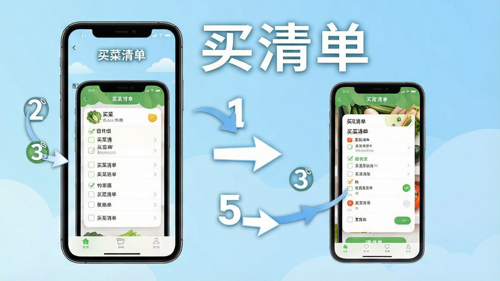 AI生成图片:一张手机屏幕截图风格的示意图,展示“买菜清单”应用的使用教程页面,画面中有步骤编号、箭头指示和手机界面缩略图,背景是浅蓝色渐变,风格简洁明快,画质清晰,文字“买菜清单”醒目可见,无杂乱元素。