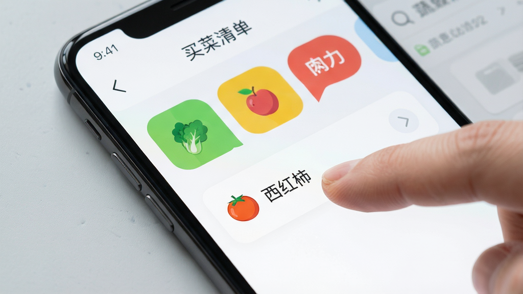 手机屏幕特写图,展示“买菜清单”应用的分类添加界面,画面中有蔬菜、水果、肉类等彩色分类标签,一只手指正在点击“西红柿”选项,背景是柔和的浅灰色桌面,风格简洁现代,画质细腻,文字清晰可辨,无干扰元素。
