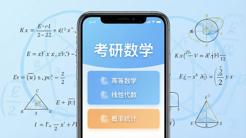 手机屏幕中央显示考研数学APP界面,标题文字