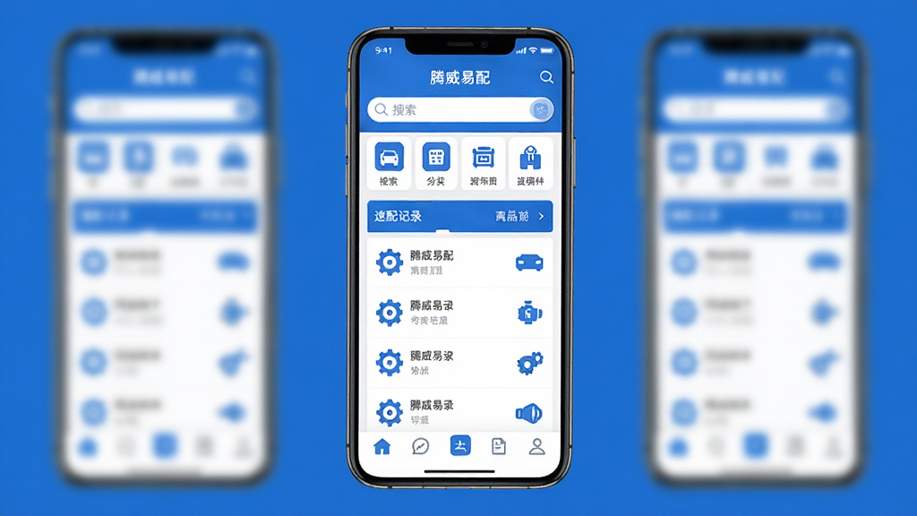 手机屏幕展示“腾威易配”应用主界面,上方为搜索框和配件分类图标,中部为速配记录列表,底部为导航栏,整体采用蓝白配色,布局简洁清晰,风格为扁平化科技感,细节包含齿轮、汽车配件图标元素,画质高清,干净,无多余元素