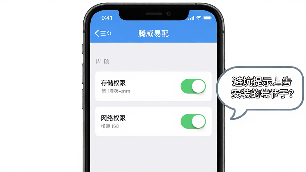 手机画面展示“腾威易配”安装权限设置界面,包含存储权限、网络权限开关,旁边有避坑提示文字气泡,布局为上下结构,风格为扁平化说明图,细节清晰,画质高清,干净,无多余元素