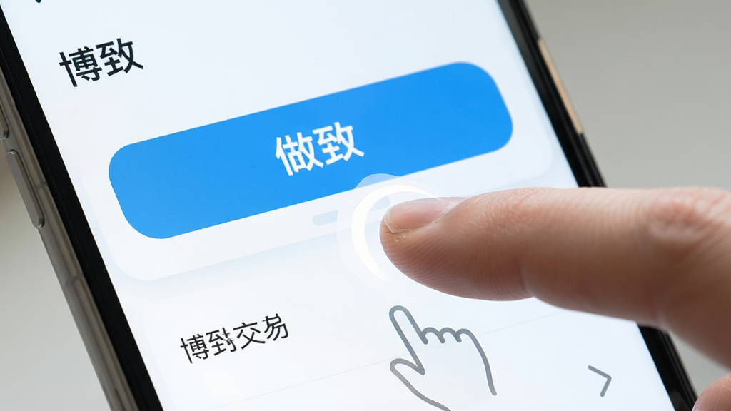 一幅“博致”应用交互界面特写图,展示手机屏幕上的大按钮、清晰标签和简洁列表,主体为手机正面,布局居中,风格清新浅色,细节包含手指点击屏幕的示意动作,画质高清,干净,无多余元素