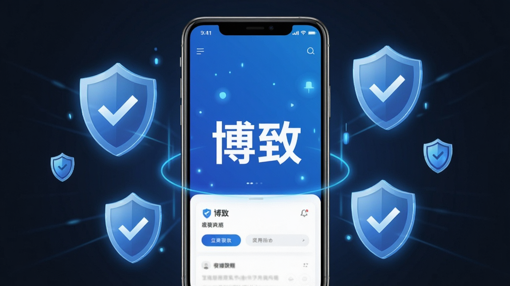 一张“博致”应用安全无广告概念图,主体为一部手机屏幕显示“博致”界面,屏幕周围环绕盾牌与对勾符号,布局手机居中,风格简洁商务,细节包含蓝色安全光效,画质清晰,干净,无多余元素