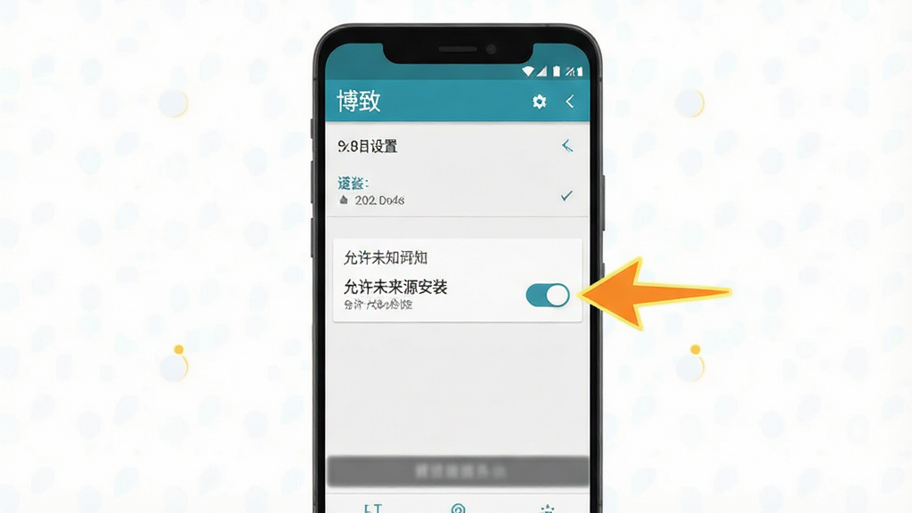 一张“博致”应用安装设置步骤示意图,画面为安卓手机屏幕,显示“允许未知来源安装”开关界面,主体为手机与设置菜单,布局居中,风格扁平化教学图,细节包含高亮箭头指向开关,画质清晰,干净,无多余元素