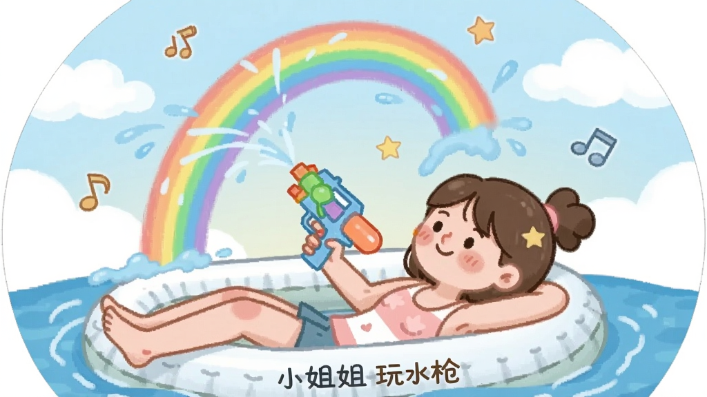 һλŮ�����ڳ��������ϣ��ֳ�ˮǹ��������䣬ˮ�������γɲʺ磬��Χ�����������ǵ�װ��Ԫ�أ��������Բ�ι�ͼ�����Ϊ����ϵ��ͨ���ϸ�ڰ���Ů�����ɵı��顢ˮ��Ĳ��ơ�����е��ƶ䣬���ʸ��壬�ɾ��޶���Ԫ�أ����С�С�����ˮǹ������