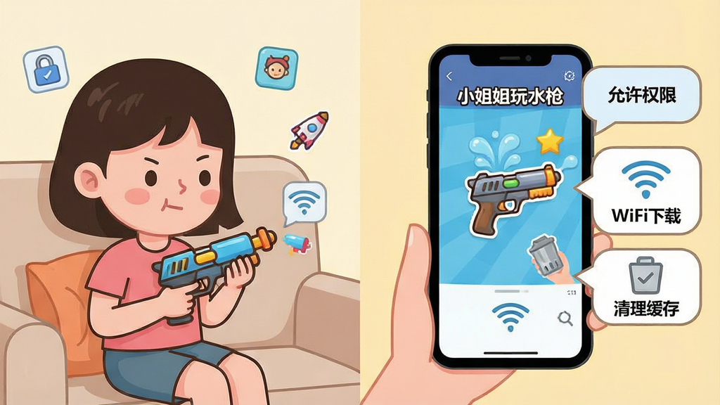 һλŮ������ɳ���ϣ���ǰ�ֻ���Ļ��ʾ��С�����ˮǹ����Ϸ���棬�Ա�����ʾ����д�š�����Ȩ�ޡ���WiFi���ء����������桱��ͼ�꣬����������ҷ������֣����Ϊ����Ҳ�Ϊ�ֻ���������ʾԪ�أ����Ϊ��ƽ����ͨ���ϸ�ڰ����ֻ��ϵ�ˮǹͼ�ꡢŮ��רע�ı��顢��Χ��Сͼ�꣬���ʸ��壬����ɾ������С�С�����ˮǹ������
