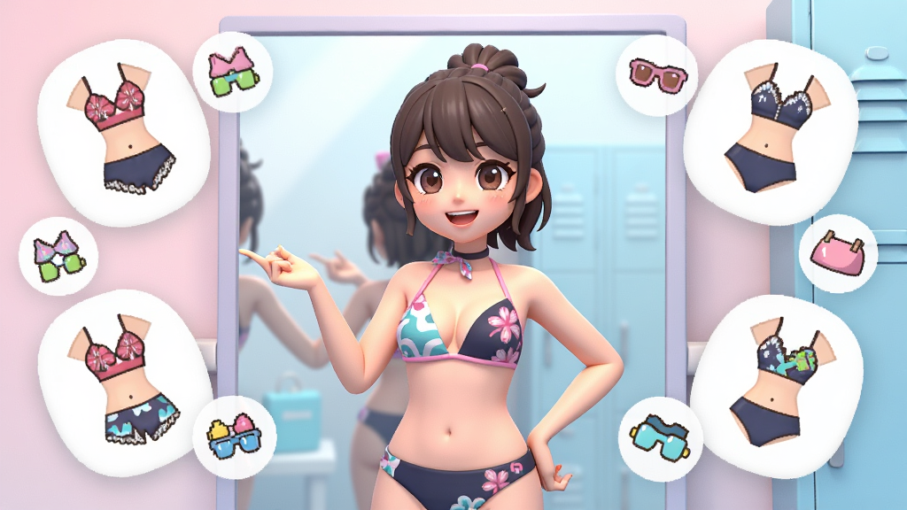 һλ����ʱ��Ӿװ��С����ɫվ�ڸ����Ҿ���ǰ����ΧƯ���Ŷ��׿ɸ����ķ�װ������ͼ�꣬��ɫ�ڳ�չʾ���ƣ���������͵ķ�ɫ����ɫ���䣬���ֲ���������С���װ���Ƶķ�ʽ�����Ϊ��ϵ��ͨ��Ⱦ��ϸ�ڰ�����װ�ϵĻ��ơ���ɫ���ĵı��顢���淴��Ч�������ʸ��壬����ɾ������С�С�����ˮǹ������