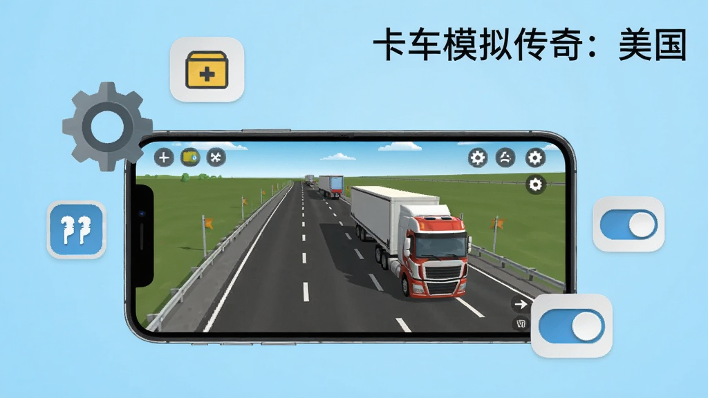 画面为一部智能手机横屏显示卡车模拟游戏界面,屏幕内是公路与卡车,手机周围漂浮着设置齿轮、存储空间图标与权限开关图标,背景为浅蓝色渐变,画面右上角文字
