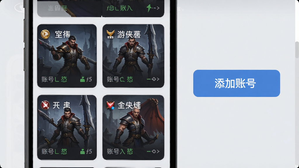 一张展示游侠账号多账号管理功能的界面截图,画面中手机屏幕上排列着多个游戏账号卡片,每个卡片上标注着游戏名称和账号状态,旁边有一个醒目的“添加账号”按钮,背景为浅灰色,风格简洁商务,细节清晰,画质干净,无多余元素
