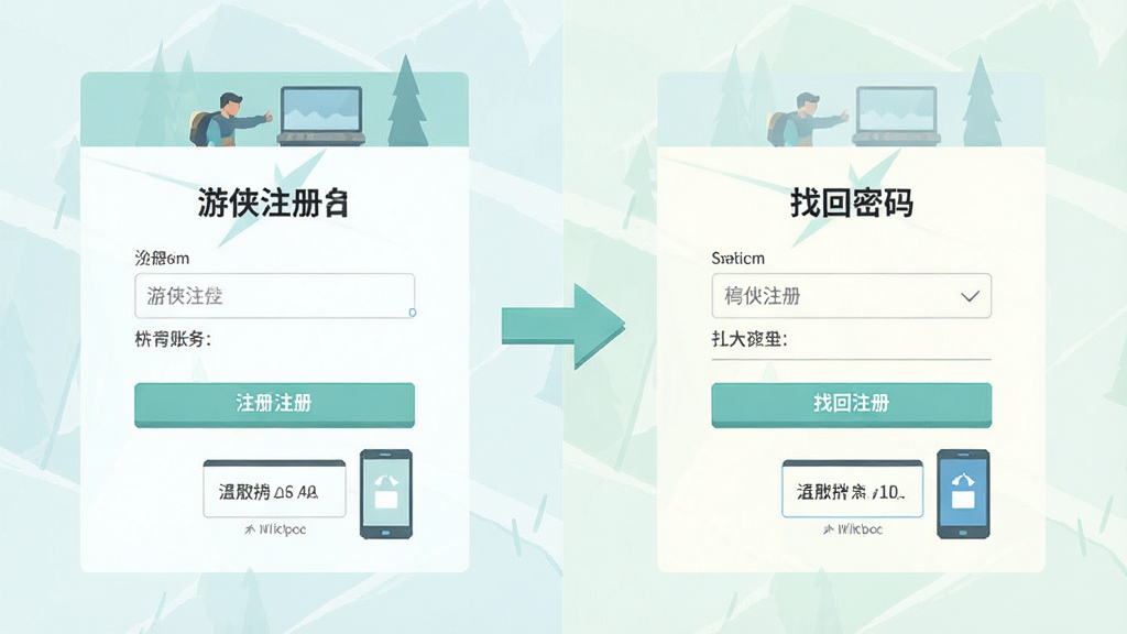 一张展示游侠账号注册与找回流程的示意图,画面左侧是注册界面,右侧是找回密码界面,中间用箭头连接,整体采用扁平化设计风格,配色清新浅色,细节包括输入框、按钮和手机验证码图标,画质清晰,干净,无多余元素