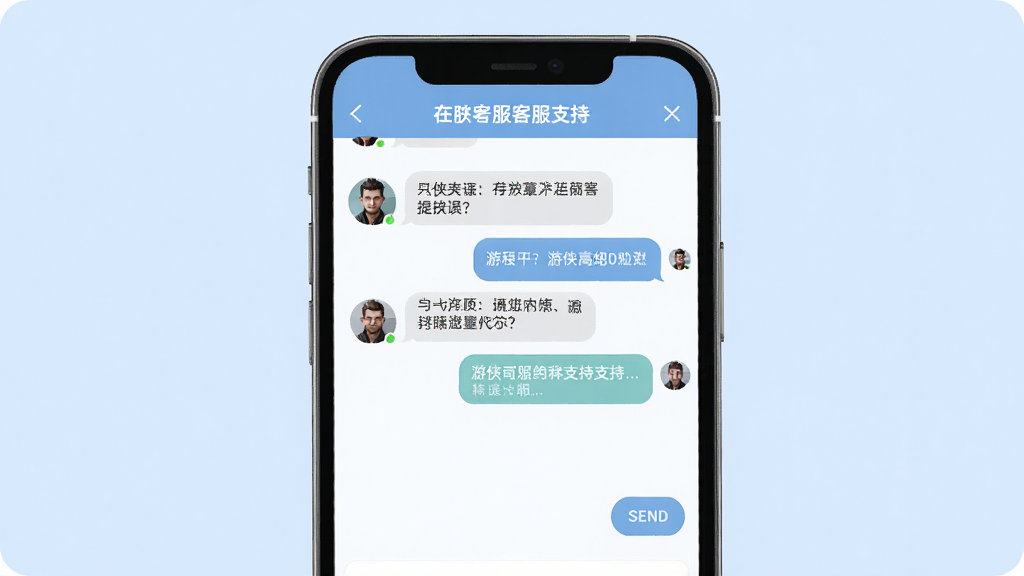 一张展示游侠账号客服支持功能的界面图,画面中手机屏幕上显示着在线客服聊天窗口,对话框内有用户提问和客服回复的示例,背景为柔和的浅蓝色,风格清爽素雅,细节包括头像、消息气泡和发送按钮,画质干净,无多余元素