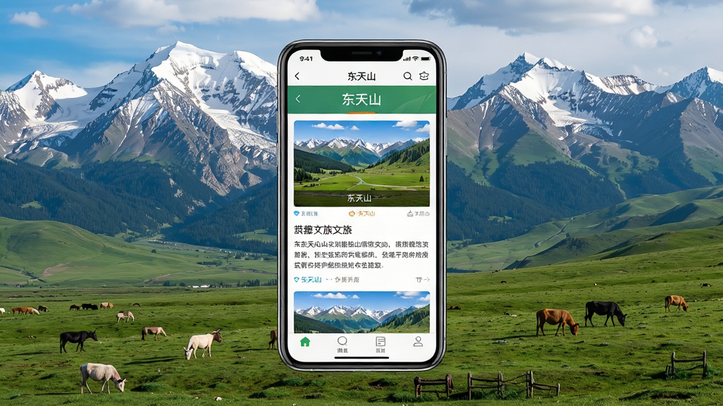 画面主体为天山雪山与草原的壮丽风光,画面中央叠加一部手机,手机屏幕显示