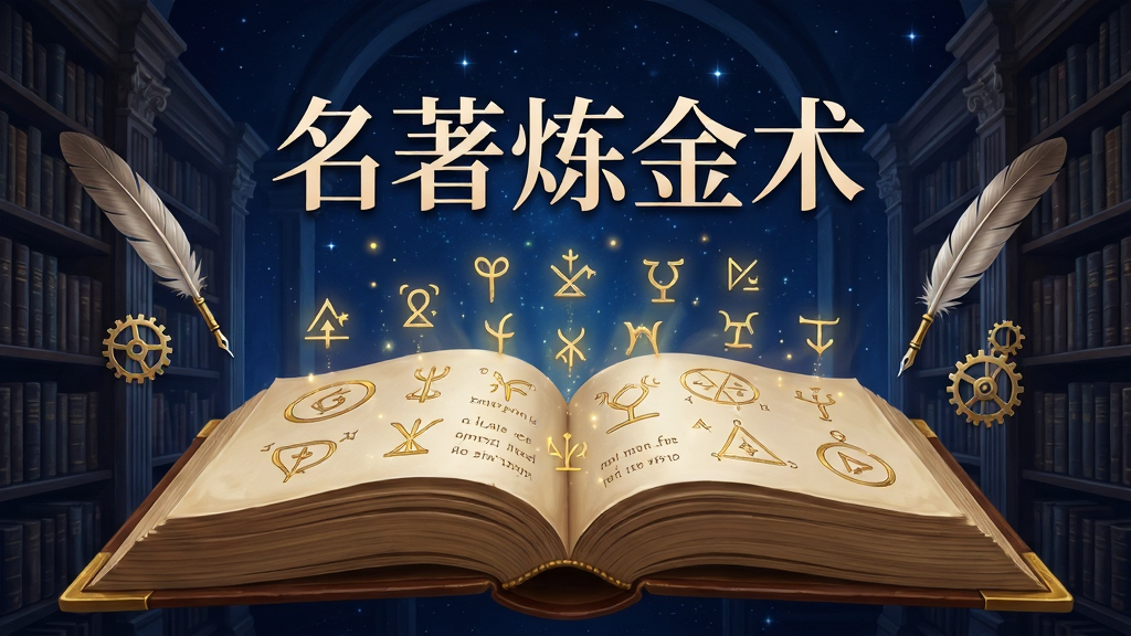 画面中央是一本打开的巨大精装书,书页中升起金色的炼金术符号与文字粒子,书名“名著炼金术”以优雅的中文衬线字体悬浮在书本上方,背景是深蓝色星空与古典图书馆书架,布局采用中心对称构图,风格为奇幻写实插画,细节包括书脊烫金、漂浮的羽毛笔与齿轮,画质高清,干净,无多余元素