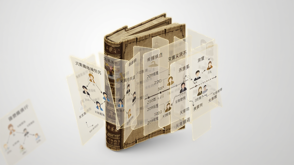 一本竖立的古书被分解成多个悬浮的半透明卡片,每张卡片上显示人物关系图、时间轴和关键词,卡片边缘有淡金色光晕,背景为浅灰色渐变,布局采用斜向排列,风格为扁平化信息图,细节包括卡片上的中文标签和简洁图标,画质清晰,干净,无多余元素