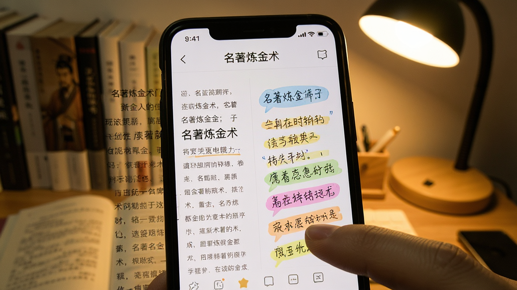 一部智能手机屏幕显示“名著炼金术”的笔记界面,左侧是书籍原文,右侧是彩色批注气泡与高亮标记,背景为暖色台灯下的书桌,布局采用手机特写视角,风格为写实UI展示,细节包括手指点击屏幕的动作和笔记图标,画质清晰,干净,无多余元素