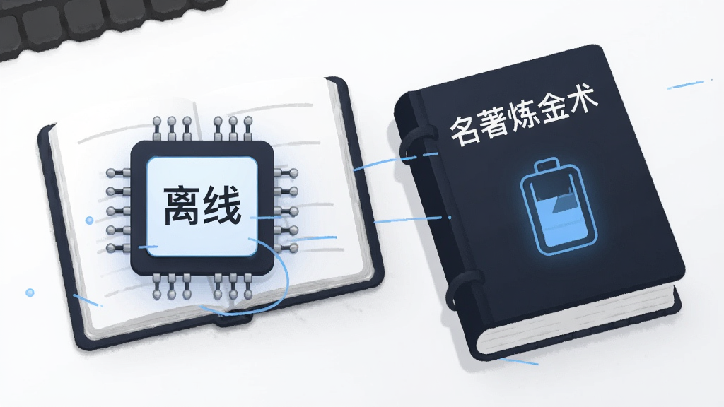 一个打开的书本旁边放置着一块芯片和电池图标,芯片上写着“离线”,书本封面有“名著炼金术”字样,背景为干净的白色桌面,布局采用左右对比,风格为极简科技插画,细节包括淡蓝色光效和简洁线条,画质高清,干净,无多余元素