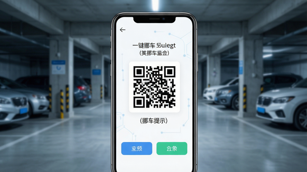 一张展示智能手机屏幕的图片,屏幕中显示着一键挪车码软件的首页界面,界面中央有一个醒目的二维码图案,周围环绕着挪车提示文字和简洁的功能按钮,背景为城市停车场场景,风格现代科技感,细节清晰,画质高清,干净无多余元素