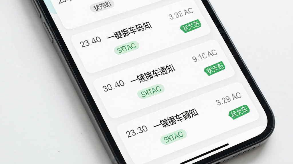 一张展示手机屏幕中一键挪车码通知记录列表的图片,列表中显示多条挪车请求记录,带有时间戳和状态标签,背景为白色卡片式设计,风格清爽简洁,细节清晰,画质干净,无多余元素