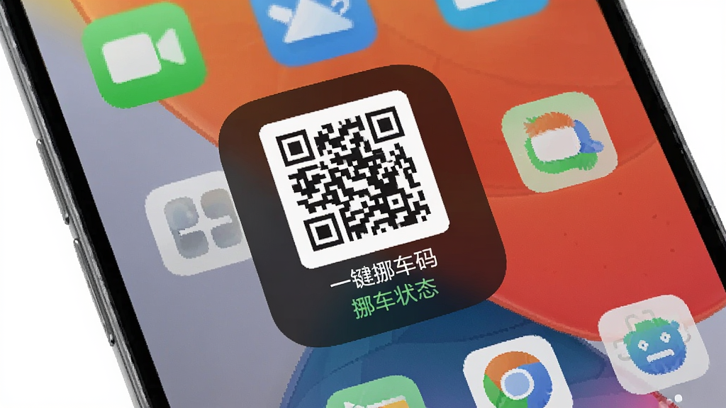 一张展示手机桌面上一键挪车码小组件的图片,组件中显示二维码图案和挪车状态文字,周围环绕其他常用应用图标,背景为手机壁纸,风格现代简洁,细节清晰,画质干净,无多余元素