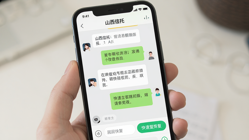 一张手机界面展示在线客服对话窗口的图片,画面中手机屏幕内显示“山西信托”App客服聊天界面,包含文字气泡与快捷回复按钮,背景为浅色聊天背景,风格亲切友好,细节清晰展示对话内容与图标,画质干净整洁