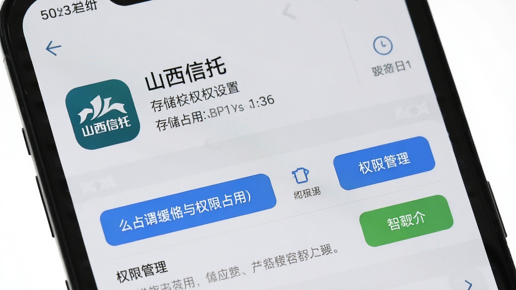 一张展示手机清理缓存与权限设置界面的图片,画面中手机屏幕内显示“山西信托”App的应用信息页面,包含存储占用与权限管理选项,背景为浅灰色系统设置风格,细节清晰展示按钮与文字说明,画质干净无多余元素