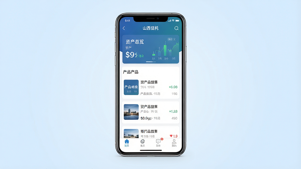 一张手机屏幕展示金融理财App界面的高清图片,画面中央是手机正视图,屏幕内显示“山西信托”App首页,包含资产总览卡片、产品列表、底部导航栏图标,背景为干净的浅蓝色渐变,布局简洁对称,风格现代商务扁平化,细节清晰展示图标与文字排版,画质1080P干净无多余元素