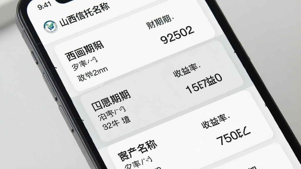 一张金融产品列表页面的手机截图风格图片,画面主体为手机屏幕内展示“山西信托”产品列表,每个产品卡片包含名称、期限、收益率数字,背景为白色与浅灰色交替的列表布局,风格干净简约,细节清晰展示文字与数字排版,画质高清无多余装饰元素