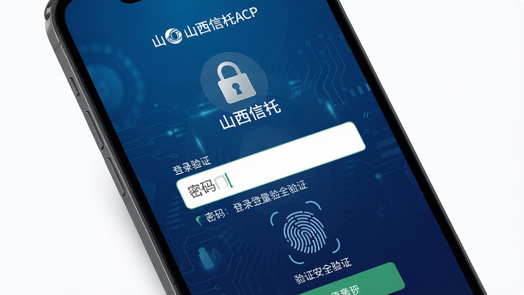 一张展示手机安全验证界面的图片,画面中手机屏幕内显示“山西信托”App登录验证页面,包含密码输入框与指纹识别图标,背景为深蓝色科技感渐变,风格安全稳重,细节清晰展示锁形图标与验证提示文字,画质高清无杂乱元素