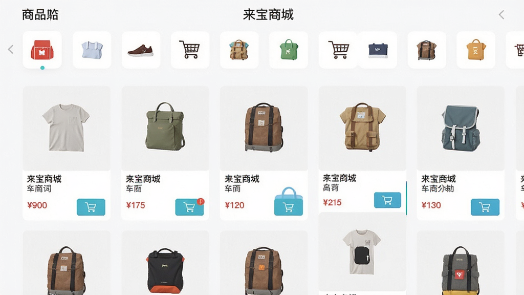 AI��ͼ��ʾ�ʣ�һ������Ӧ����ɫ����չʾͼ�������������̳ǵ���Ʒ����ҳ�棬����Ϊ���½ṹ���ϰ벿��Ϊ�����������Ʒ����ͼ�꣬�°벿��Ϊ�ٲ�����Ʒ��Ƭ���Ű����룬���Ϊ�������µı�ƽ����ƣ�ϸ�ڰ�����Ʒ����ͼ���۸��ǩ�͹��ﳵ��ť�������������ɾ��޶���Ԫ�أ�ͼƬ�����������