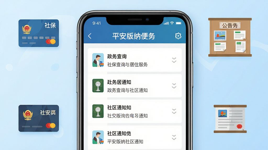 平安版纳便民服务功能界面特写,画面以手机屏幕为主体,屏幕内展示政务查询与社区通知列表页面,周围环绕着社保卡、居住证、公告栏等扁平化图标元素,背景采用浅蓝色渐变,风格清新商务,排版整齐有序,细节清晰,画面干净无杂乱元素,高清画质