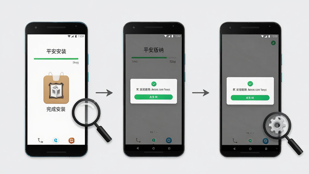 平安版纳移动端安装操作示意图,画面展示一部安卓手机从下载安装包到完成安装的流程,屏幕内呈现安装进度条与权限授权弹窗界面,手机旁边放置放大镜与齿轮图标象征设置优化,背景为浅灰色简洁风格,排版从左到右依次展示步骤,细节清晰,画面干净无多余元素,高清画质